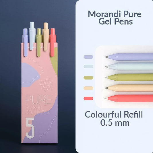 Morandi Pure Gel Pens set with packaging and color swatches on a dark background