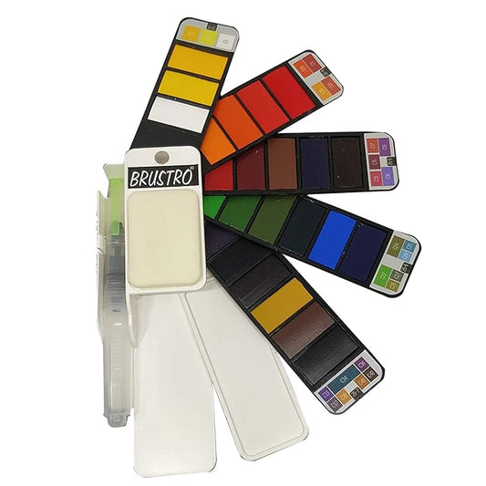 Set of watercolor pans with a BRUSTRO label on a white background