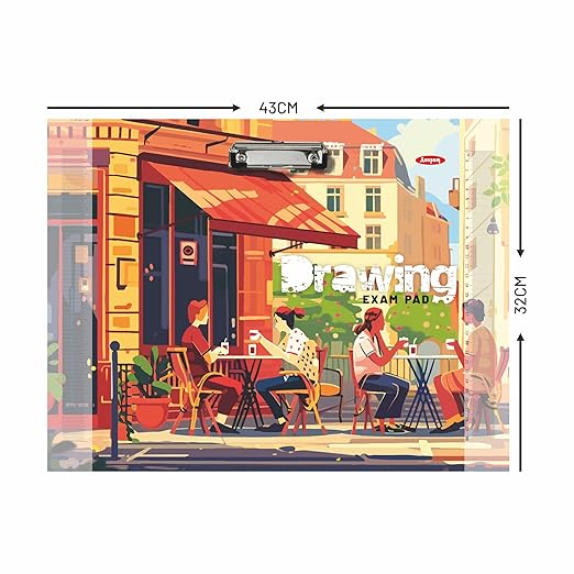 Drawing exam pad with illustration of people at an outdoor cafe, dimensions 32cm x 43cm.