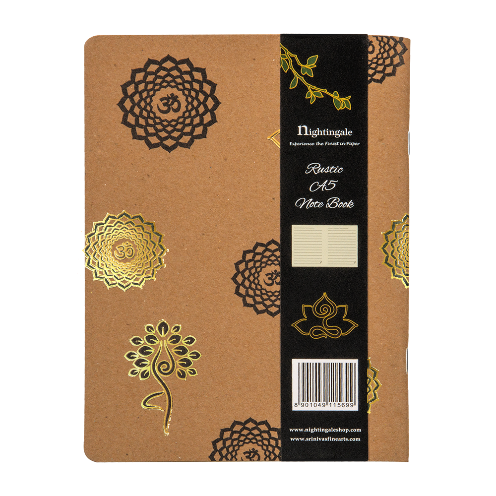 Notebook with decorative patterns on a brown cover and black label