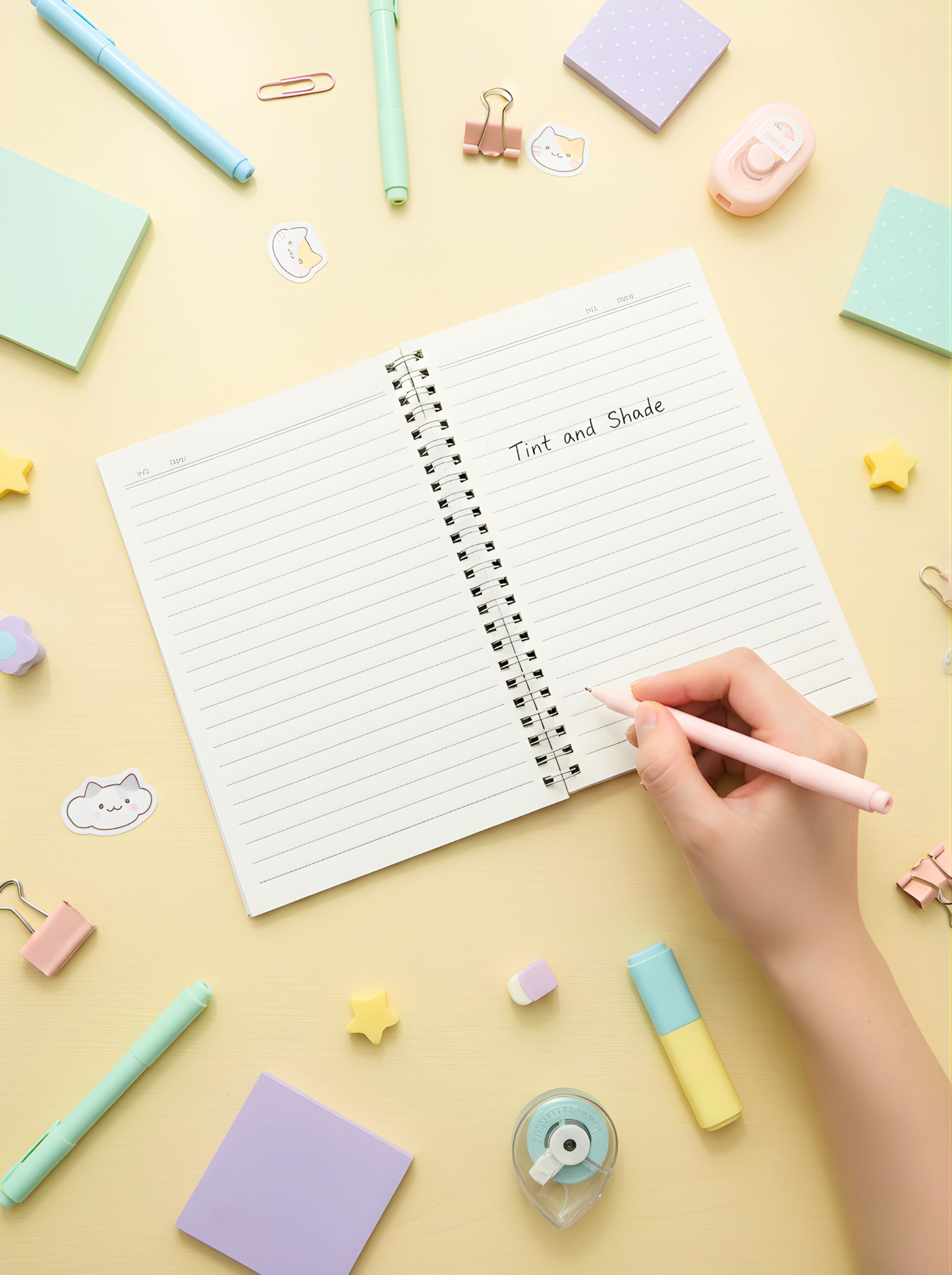 Open notebook with lined pages on a yellow background with stationery items
