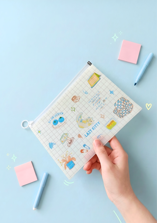 Person holding a small file with cartoon designs on a light blue background