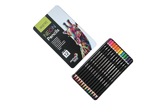Set of colored pencils in a metal tin with a colorful pencil design on the lid.