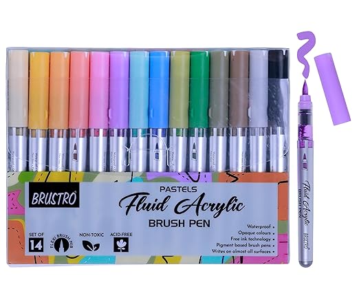 Set of Brustro Pastels Fluid Acrylic Brush Pens with a single pen displayed outside the box.
