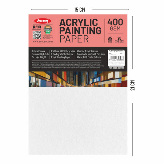 Acrylic painting paper with dimensions and product details on a white background