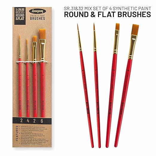Set of synthetic paint brushes with red handles and gold ferrules, displayed against a white background.