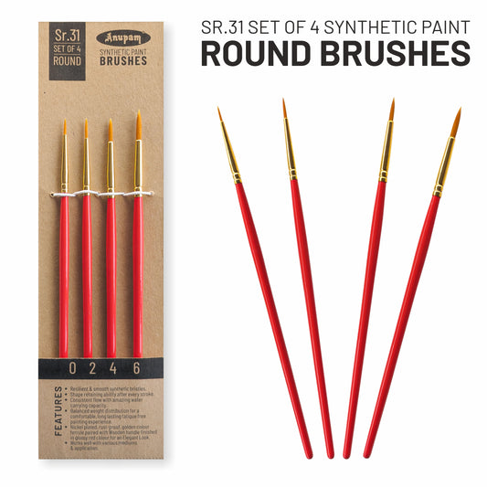 Set of 4 synthetic paint round brushes with packaging on a white background