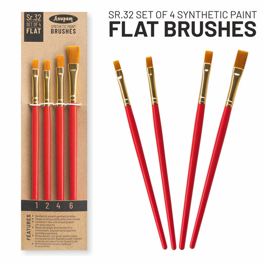 Set of 4 flat paint brushes with red handles and gold ferrules, displayed against a white background.