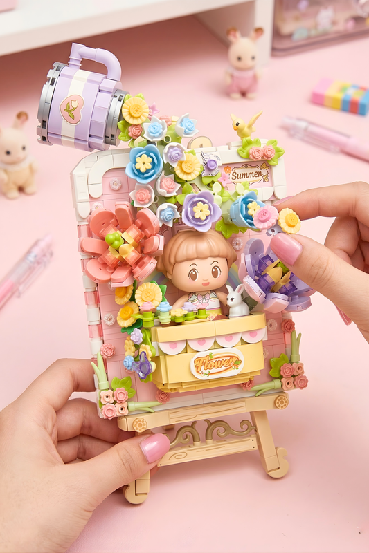 Colorful decorative item with a character and flowers on a pink background