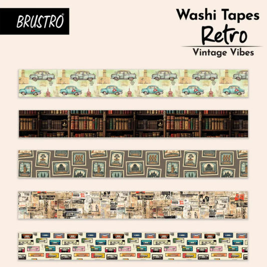 Collection of Washi tapes with vintage designs on a white background, featuring the brand 'BRUSTRO'.