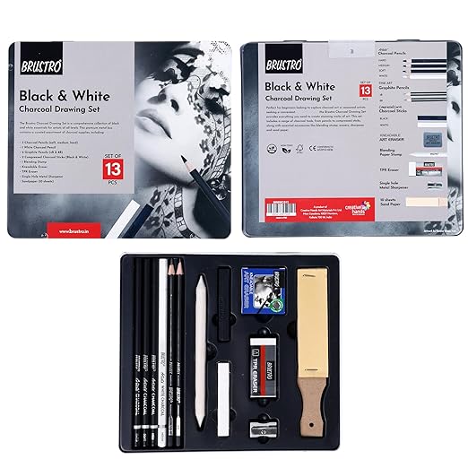 Brustro Black & White Charcoal Drawing Set packaging and contents on a white background