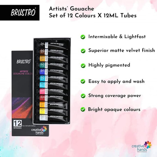 Brustro Artists' Gouache set with product packaging and features listed on a colorful background.