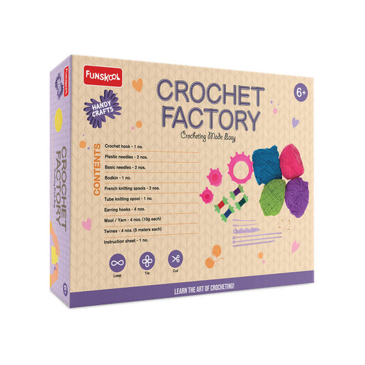 Crochet Factory craft kit packaging with colorful yarn samples on a white background