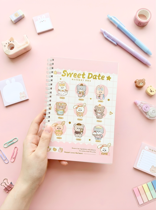 Notebook with 'Sweet Date' stickers on a pink background with stationery items.