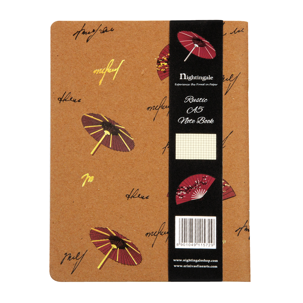 Notebook with decorative umbrella design on a brown cover, featuring Nightingale branding.