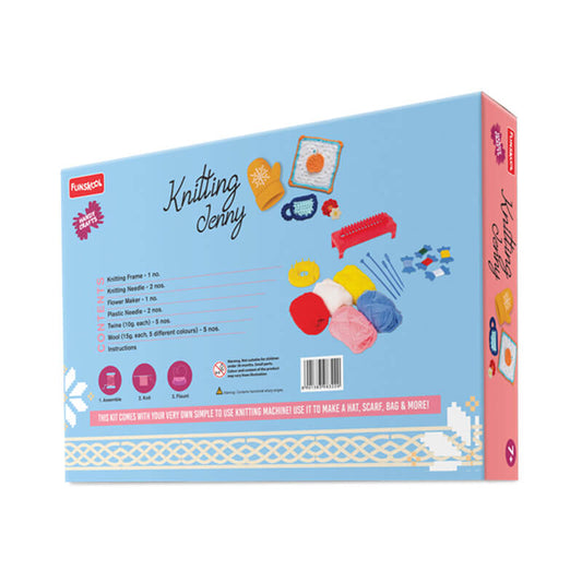 Knitting Jelly product packaging with colorful illustrations on a blue background