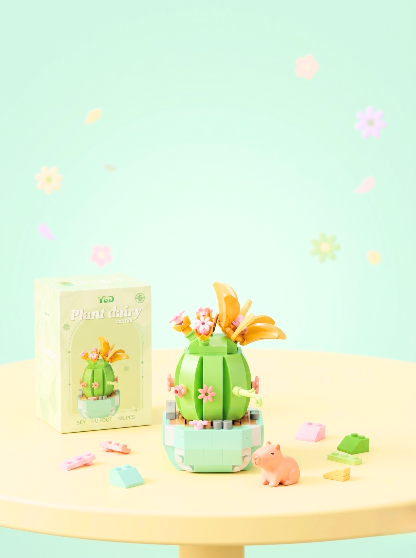 Cute cactus-shaped toy with a small rabbit figurine on a light green background