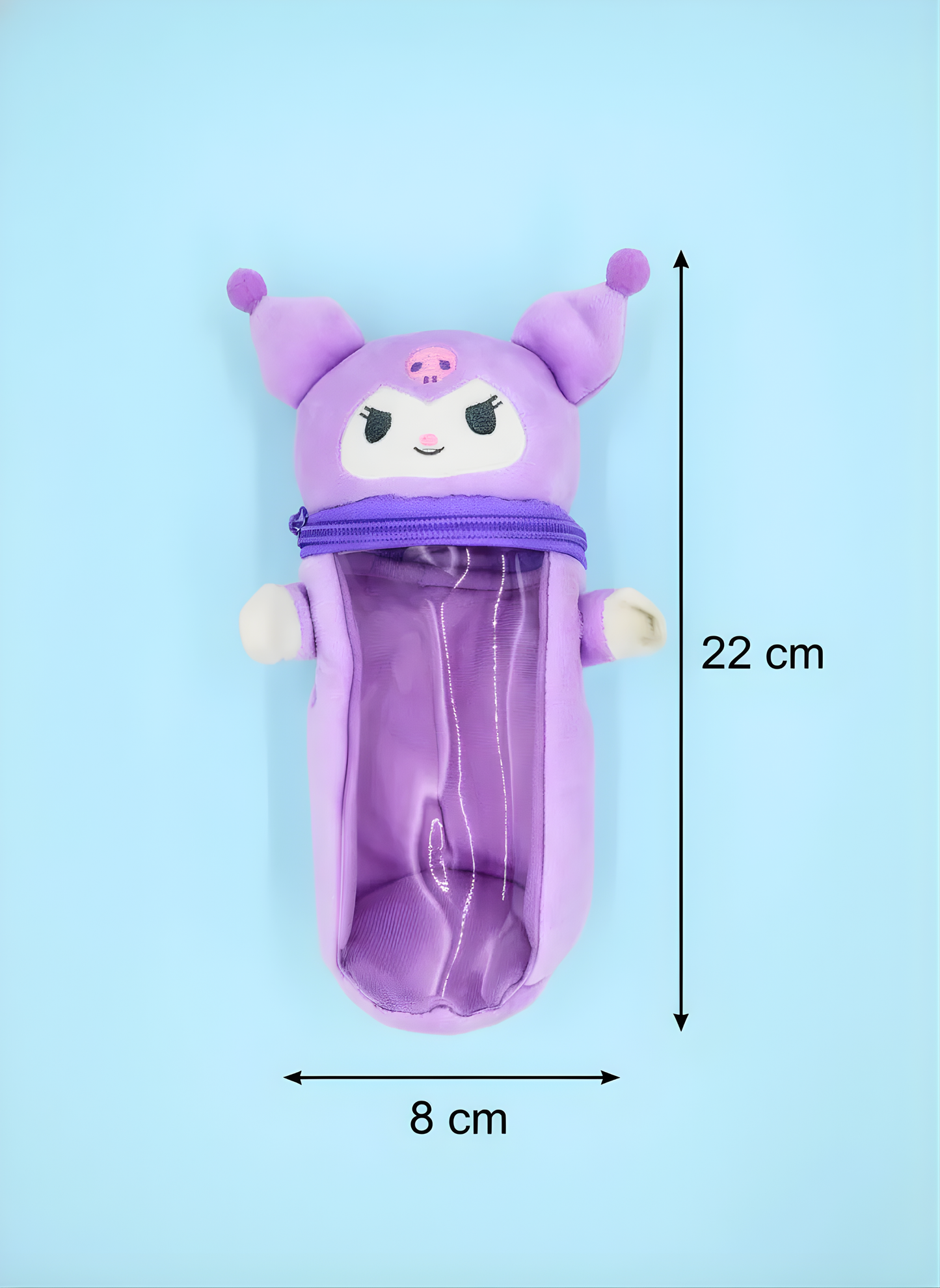 Purple cartoon character pouch with dimensions on a light blue background