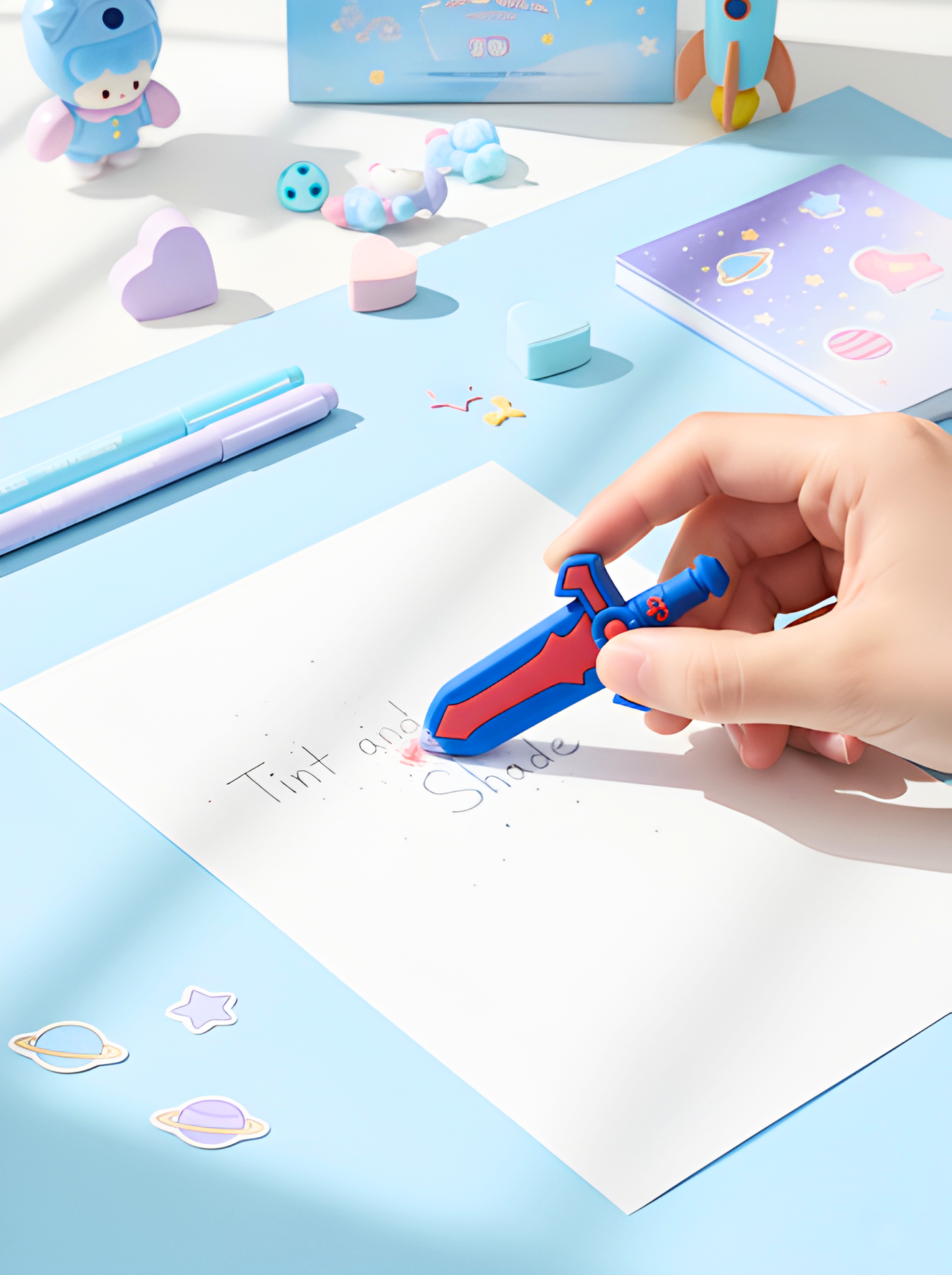 Hand holding a blue and red toy gun over a piece of paper with writing on a light blue table.