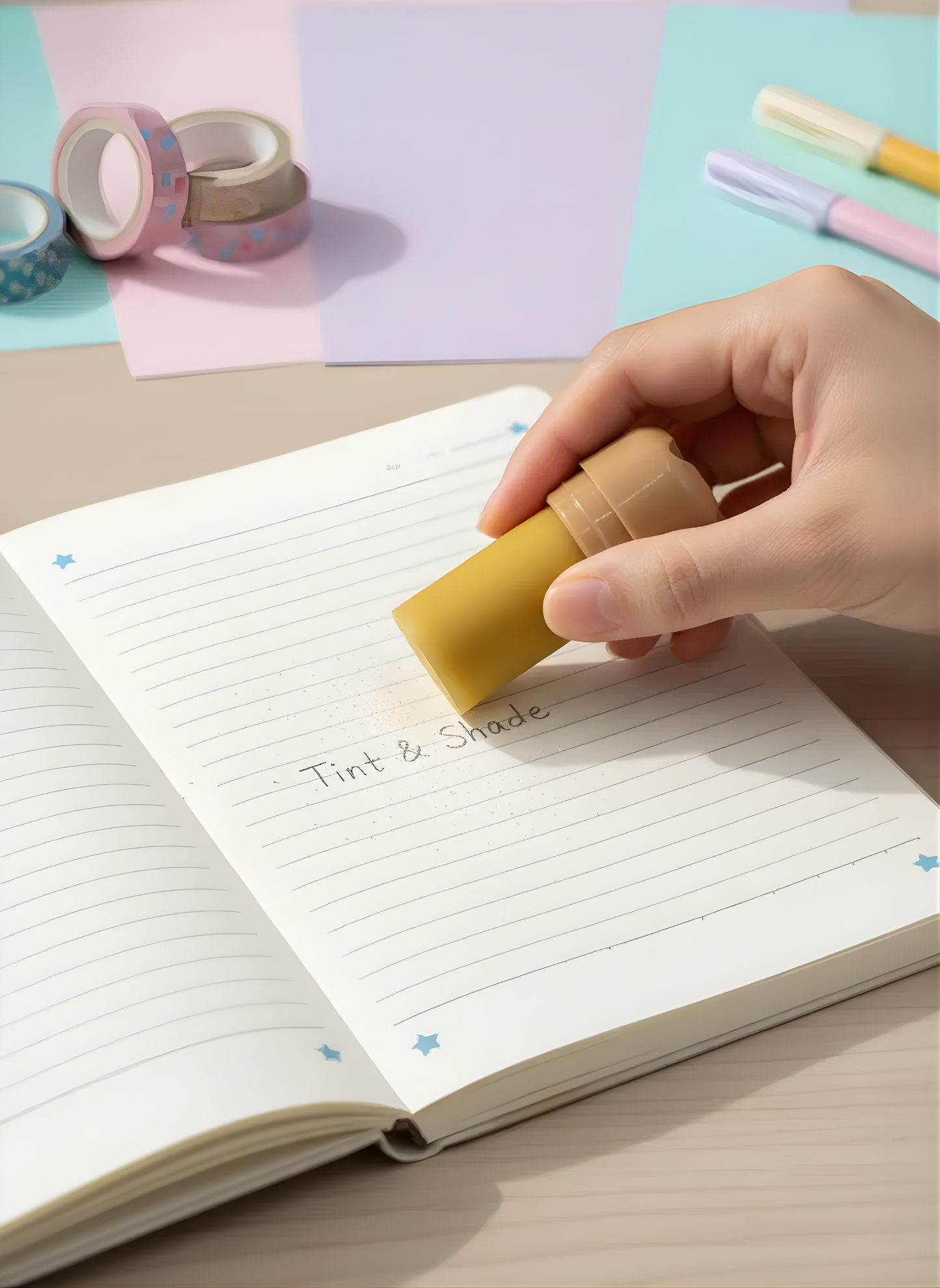 Hand using a yellow wax crayon on a notebook with colorful washi tape in the background