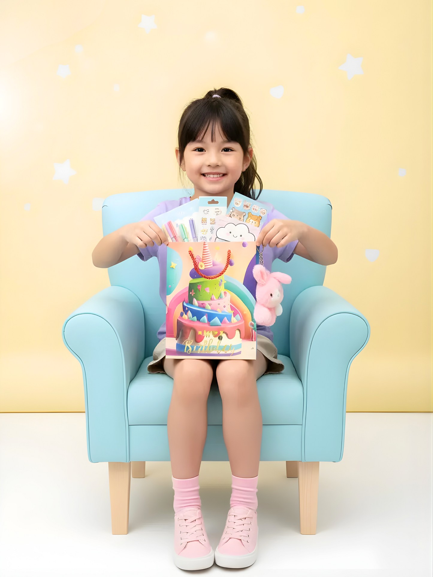 Child sitting on a blue chair holding a colorful book against a yellow background