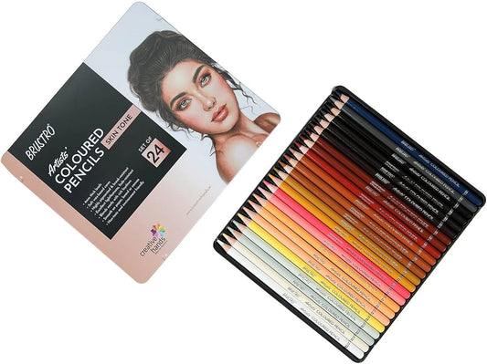 Set of colored pencils with a tin case featuring a woman's face on a white background