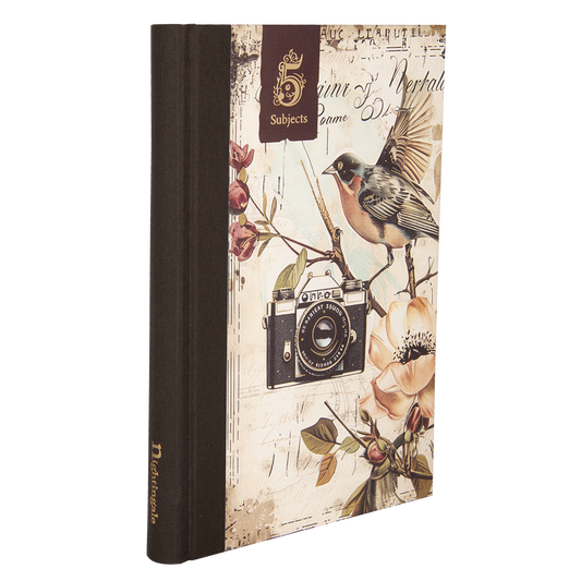 Notebook with vintage camera and floral design on a white background