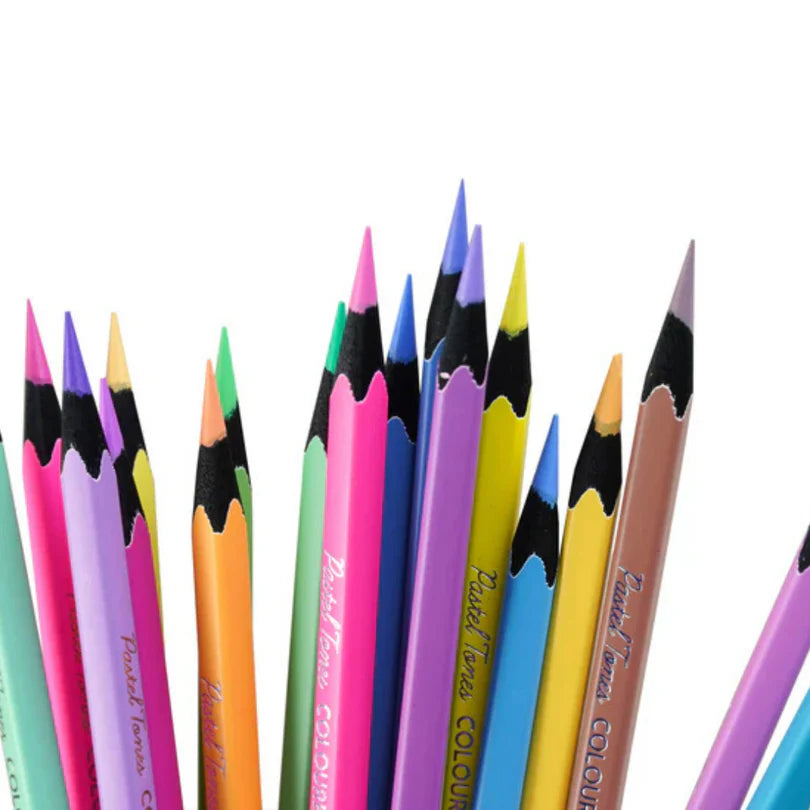 Assorted colored pencils with colorful tips on a white background
