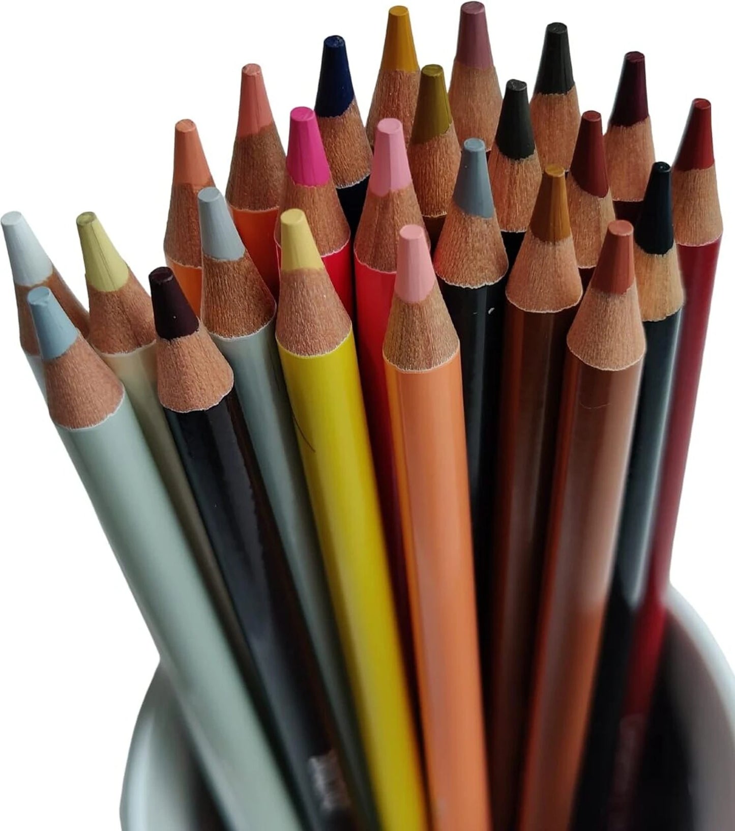 Assorted colored pencils in a holder on a white background