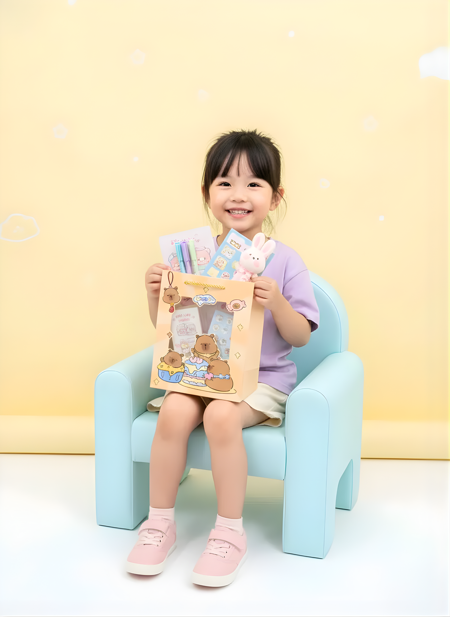 Child sitting on a small blue chair holding a plush toy and its packaging against a yellow background