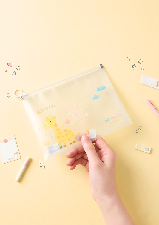 Hand holding a clear plastic sheet with stickers on a yellow background