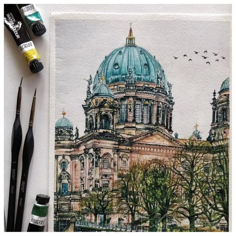 Artistic illustration of a cathedral with painting supplies on the side