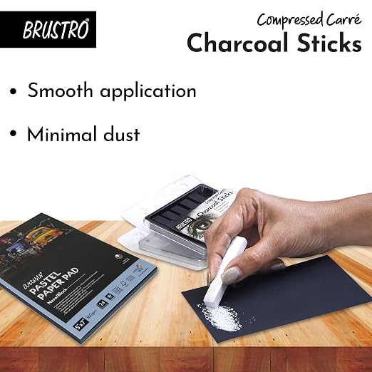 Brustro Compressed Charcoal Sticks - Set of 6 (5 Black & 1 White Stick)