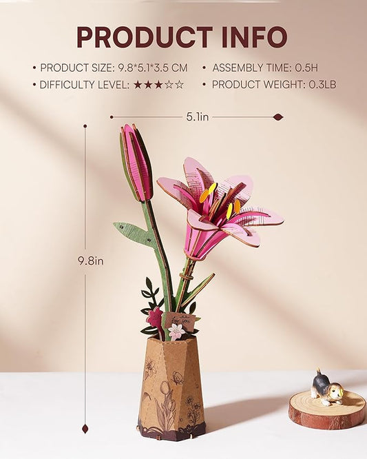 Product information for a decorative flower arrangement with dimensions and assembly details on a beige background.