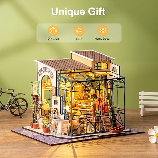 Miniature model of a building with LED lights, labeled as a unique gift for DIY craft, LED, and home decor.