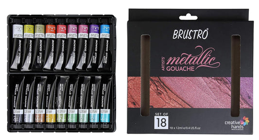 Set of Brustro metallic gouache tubes in a black case with packaging displaying product details.
