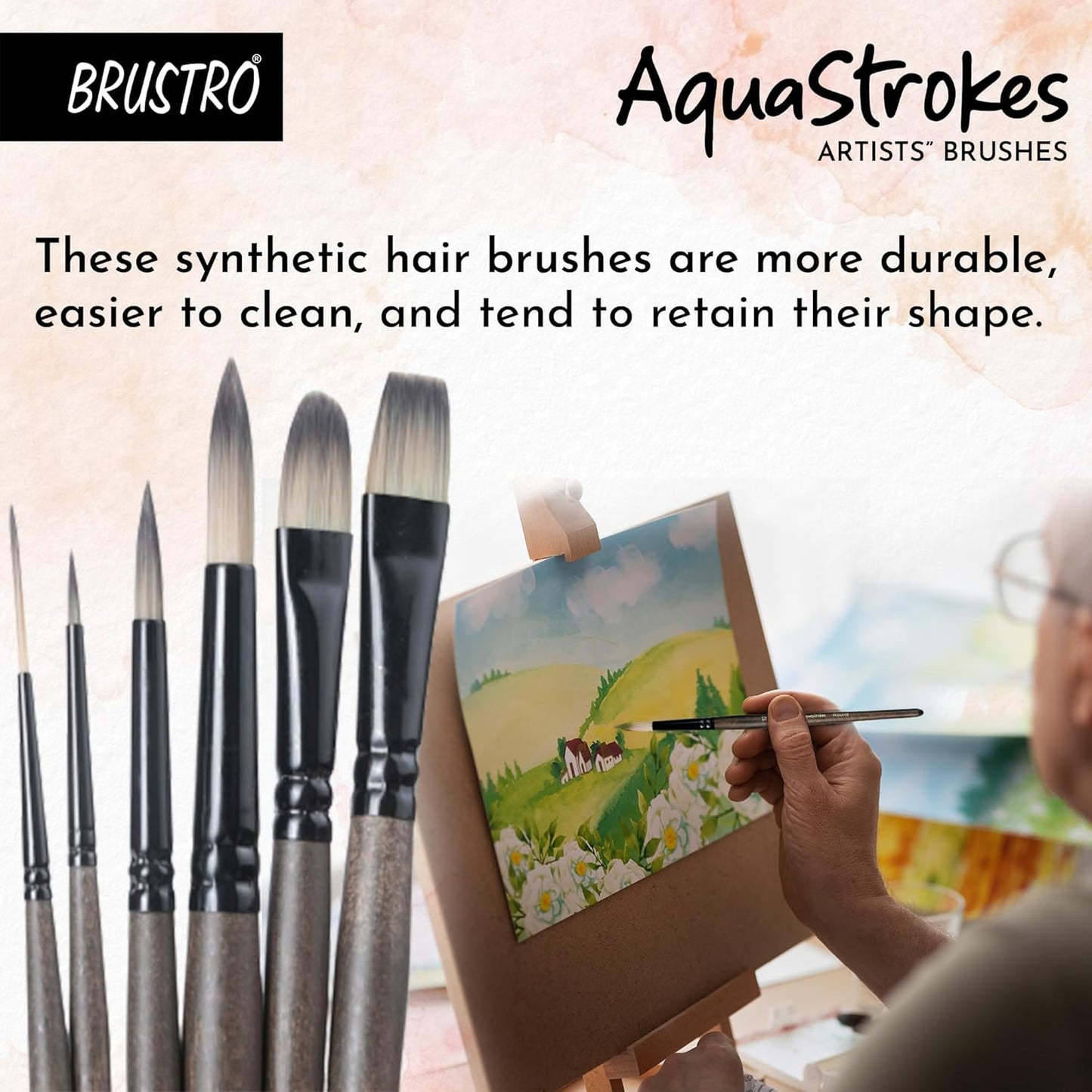BRUSTRO AquaStrokes artists' brushes with a painting and text about durability and cleaning.