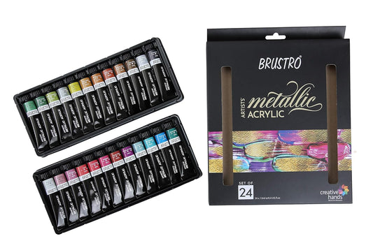 Brustro metallic acrylic paint set with packaging on a white background