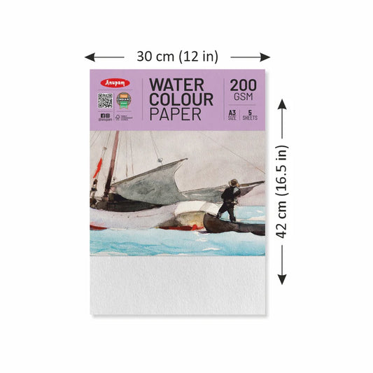 Watercolor paper pack with dimensions and a painting of a sailboat on the cover.