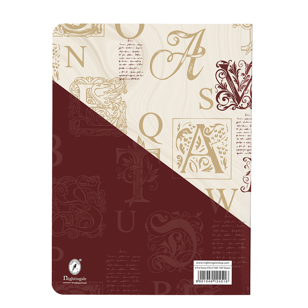 Notebook with decorative letter patterns on a beige and red background