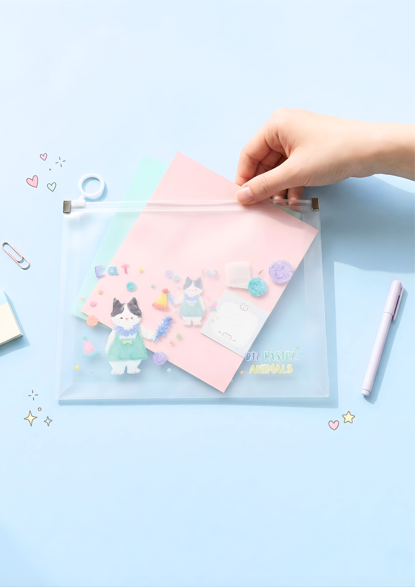 Hand holding a pink planner with decorative stickers on a light blue background
