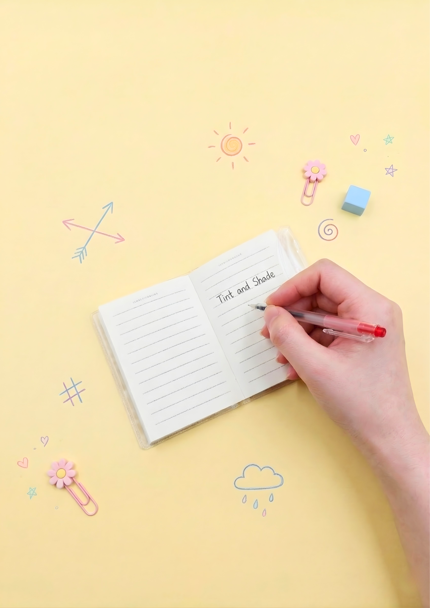 Hand writing in a notebook on a yellow background with colorful stationery items.