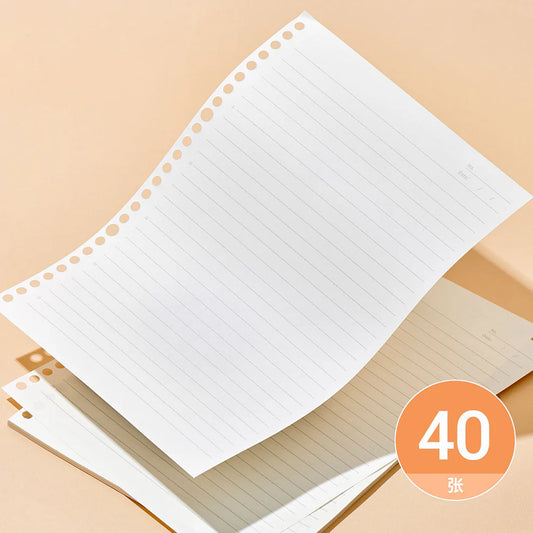 Two sheets of white lined paper with holes on a beige background, featuring the number 40.
