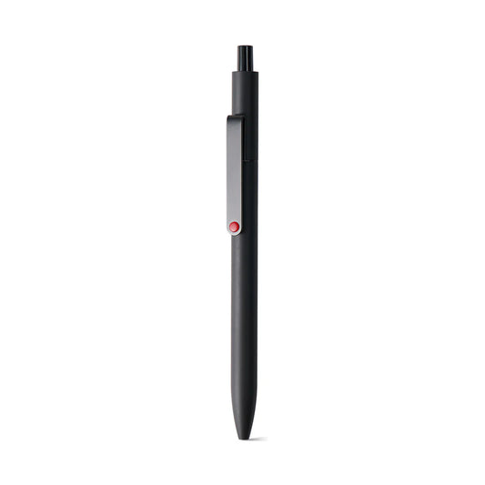 Black pen with a red accent on a white background