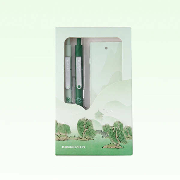Kaco Green pen set packaging with green and white design on a light green background