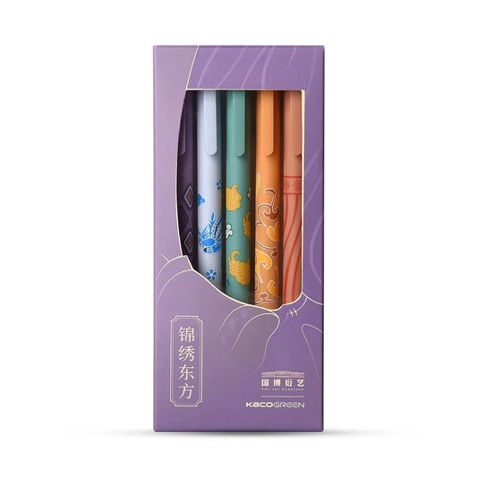 Set of four pens in a purple packaging box with KACO GREEN branding.