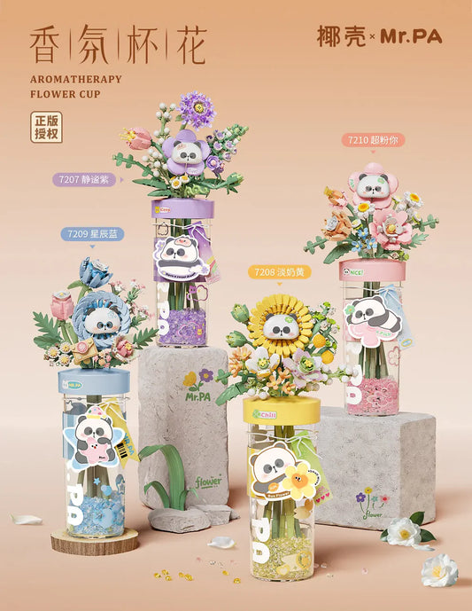 Aromatherapy flower cups with panda designs on a beige background