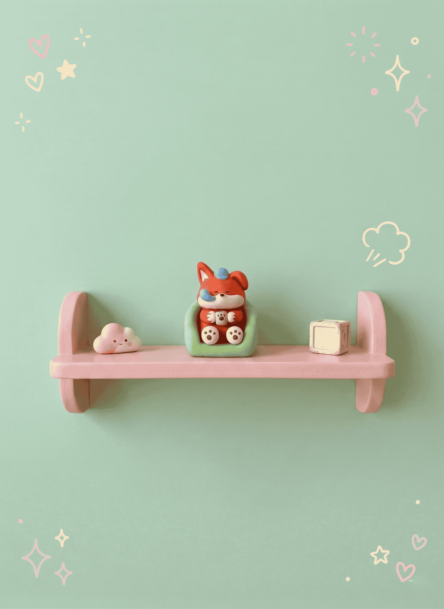 Pink shelf with decorative items against a light green wall with star and cloud patterns.