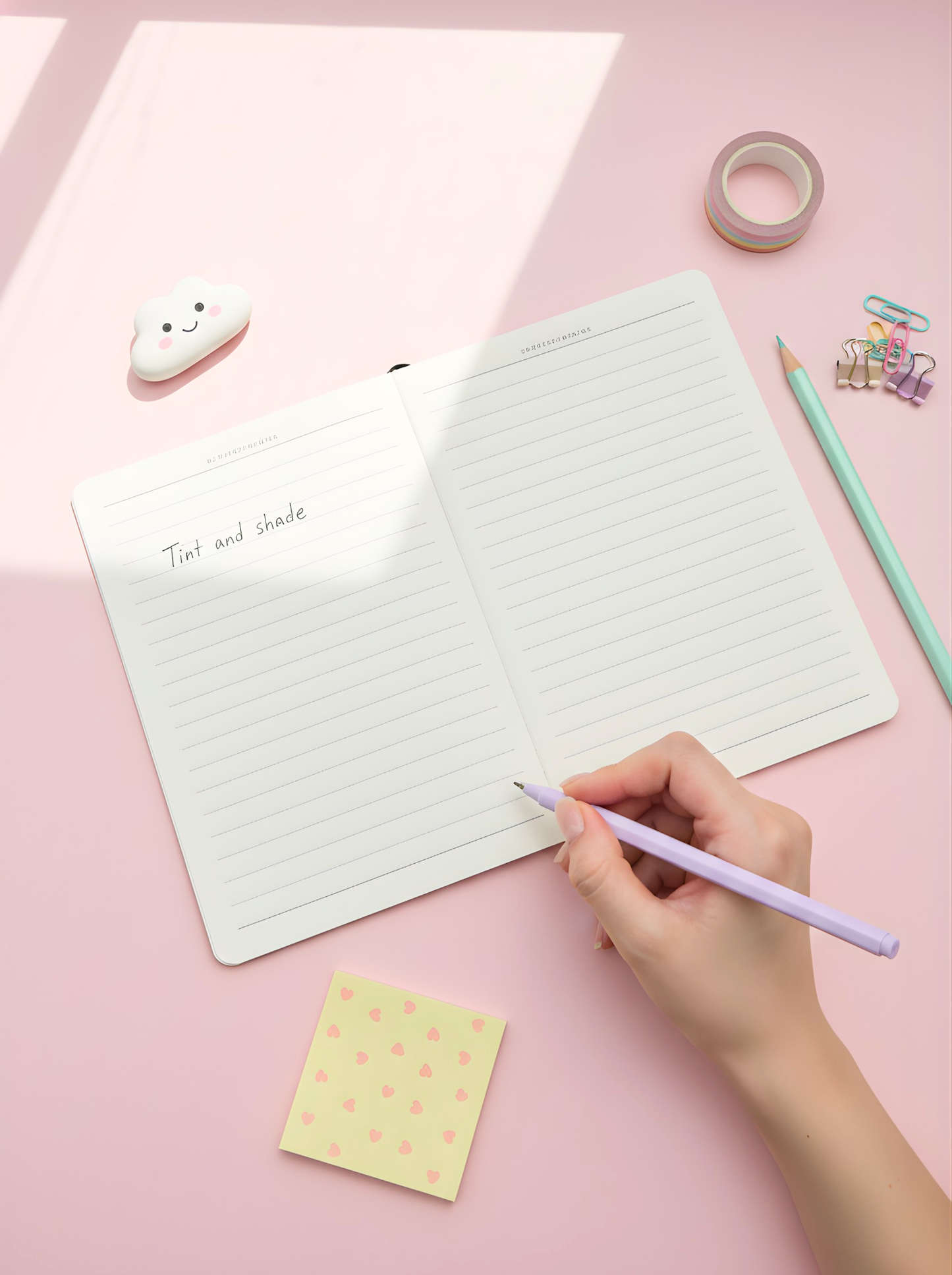 Hand writing in a notebook with stationery items on a pink background