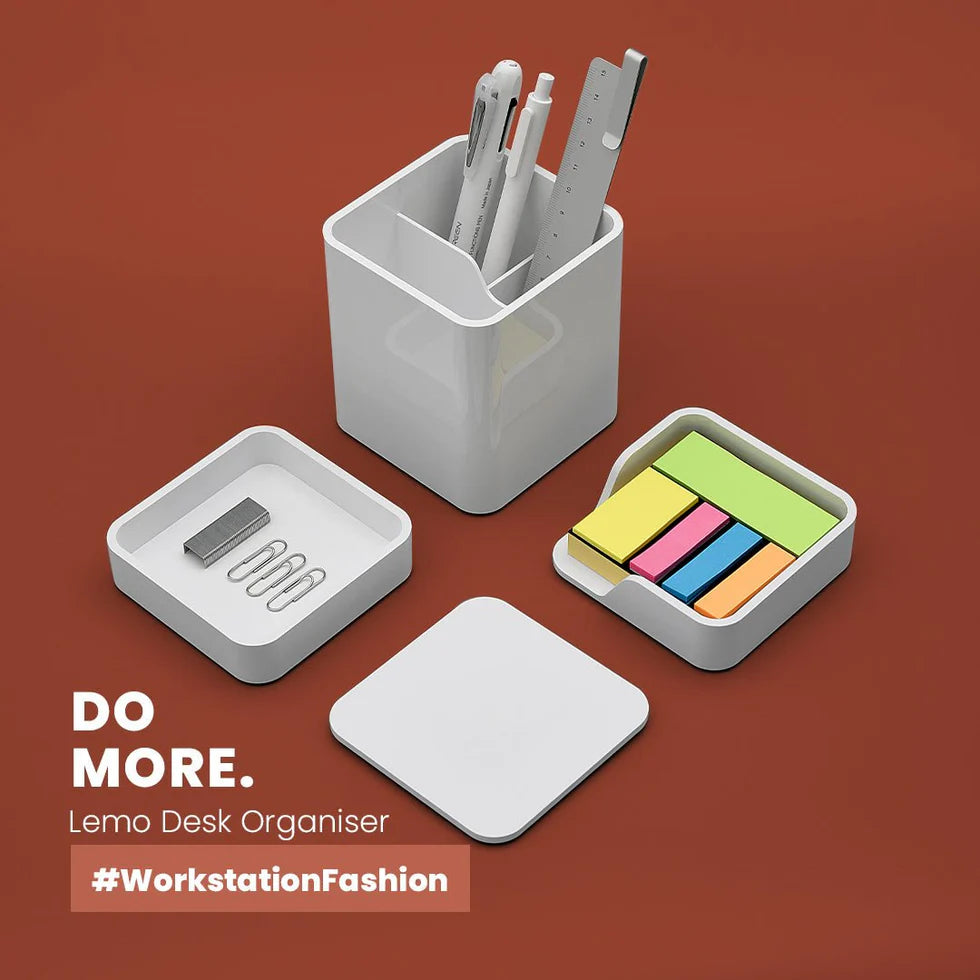 Lemo desk organizer with stationery items on a brown background